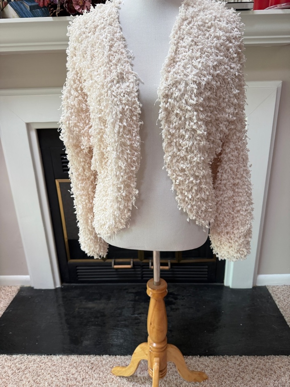Open-Front Cream Textured Teddy Jacket